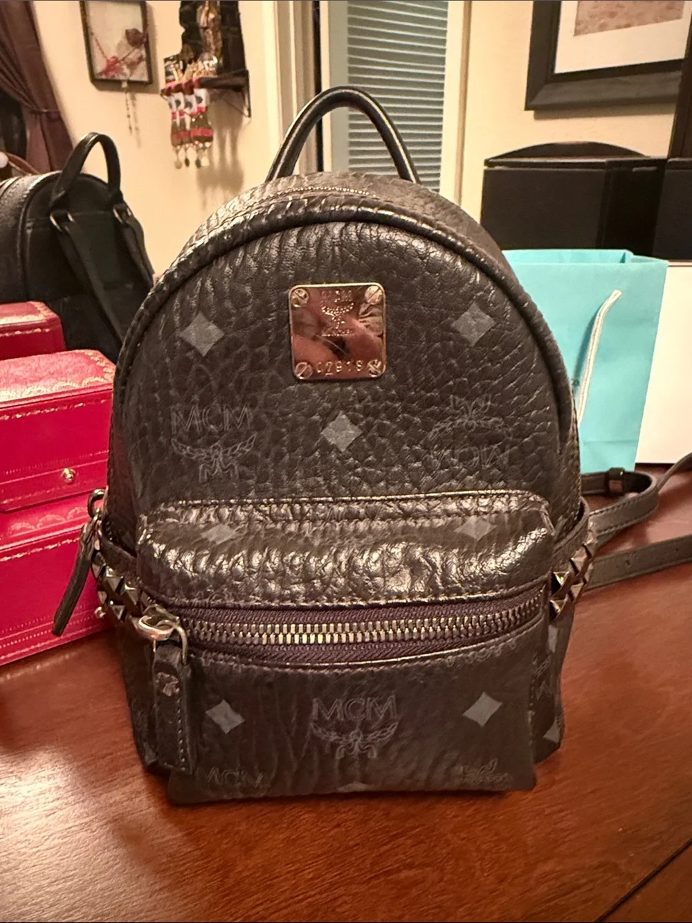 MCM Black Logo Leather Mini Backpack with Gold Plaque